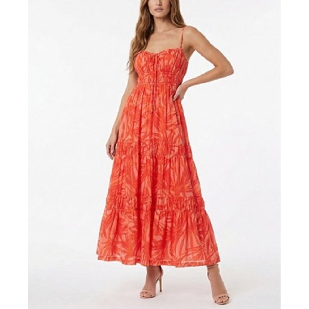 Taylor Womens Red Palm Print Smocked Tiered Maxi Dress S Flowy Resort Tropical
